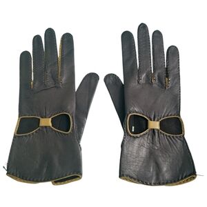 Vintage Size 7 Brown/Beige Leather Gloves cut-out bow Lauffer Spain